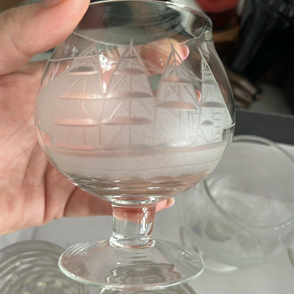 Vintage 4 Brandy Cognac Snifters Etched Cut Clipper Ship Toscany hand blown